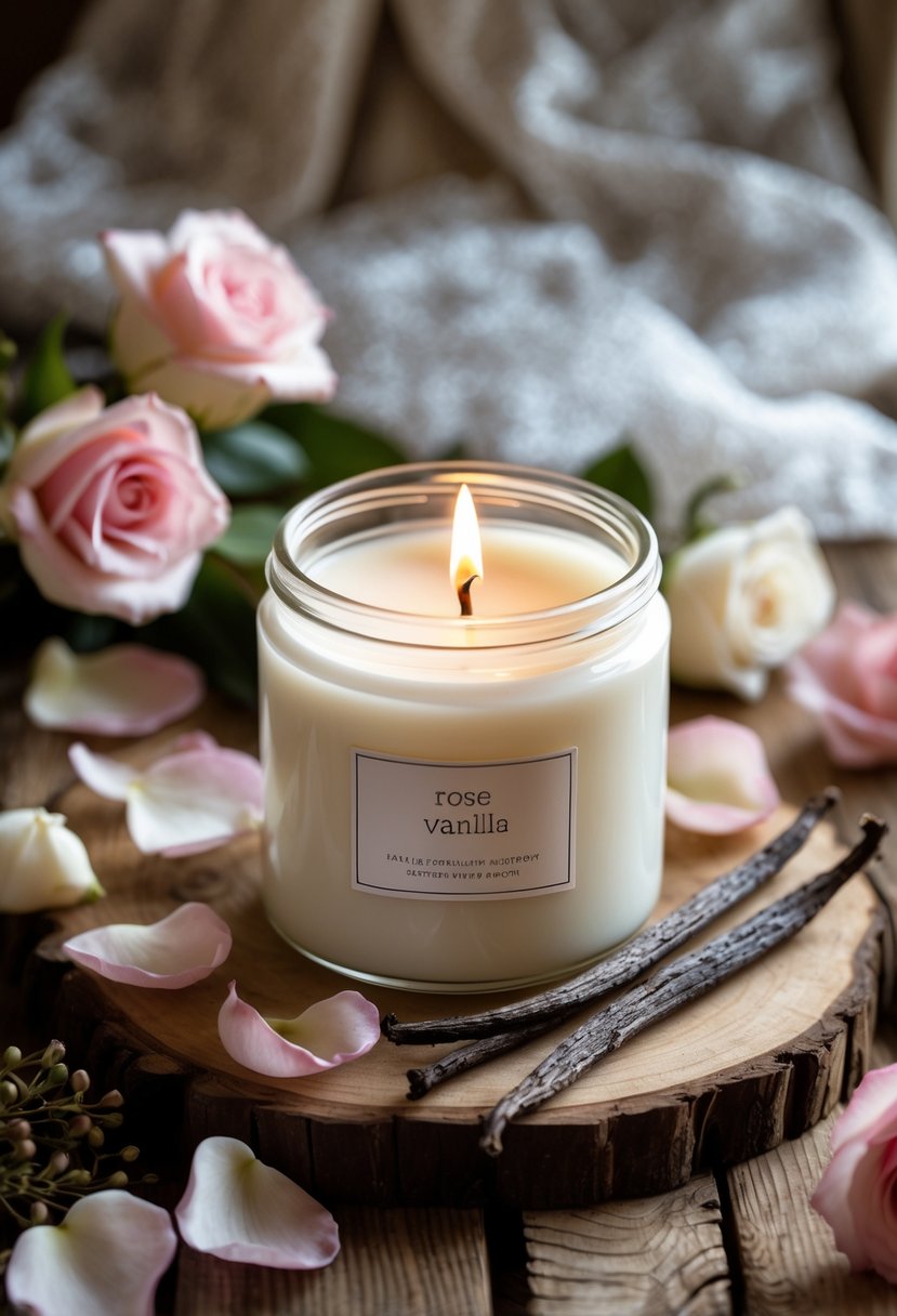 A custom scented candle in a glass jar surrounded by rose petals and vanilla beans on a wooden surface with wedding decor in the background.