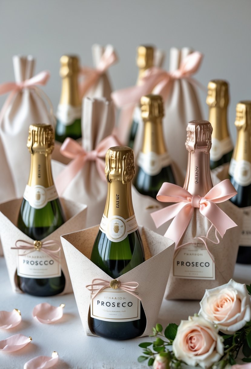 Mini bottles of champagne and prosecco arranged inside pastel-colored gift bags with ribbons, placed on a table with rose petals and greenery.