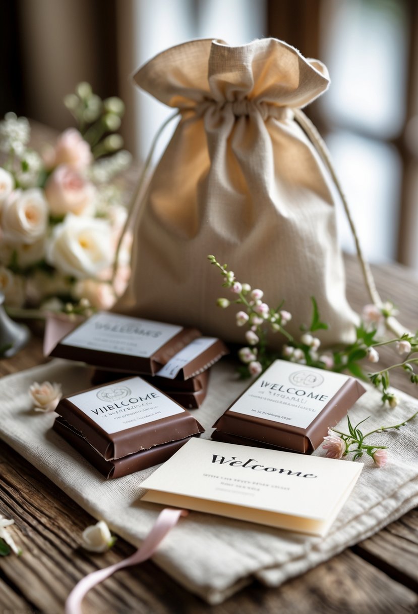 A wedding welcome bag with local chocolate bars and decorative floral accents arranged on a wooden surface.