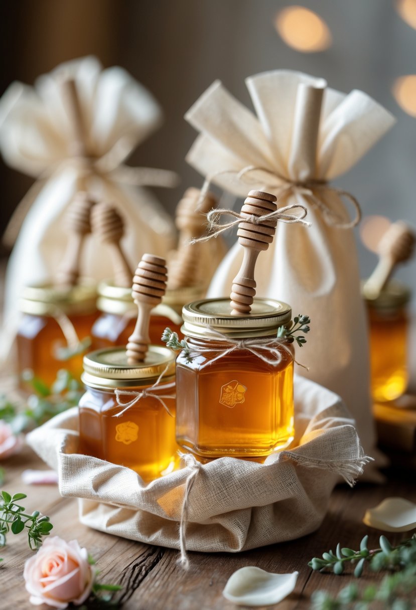An arrangement of small honey jars with wooden dippers and floral decorations inside a gift bag, surrounded by rose petals and greenery on a wooden table.