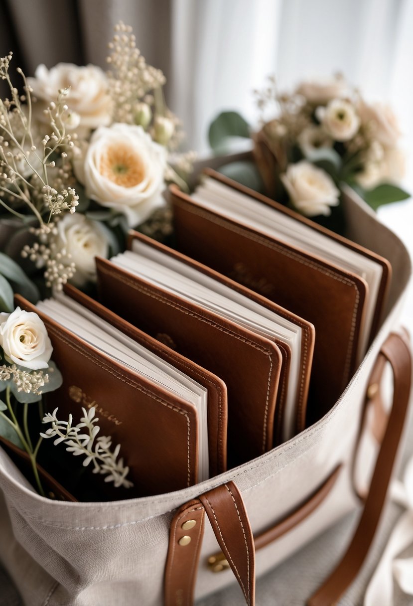 Leather-bound wedding itinerary booklets arranged inside a wedding welcome bag with floral accents.