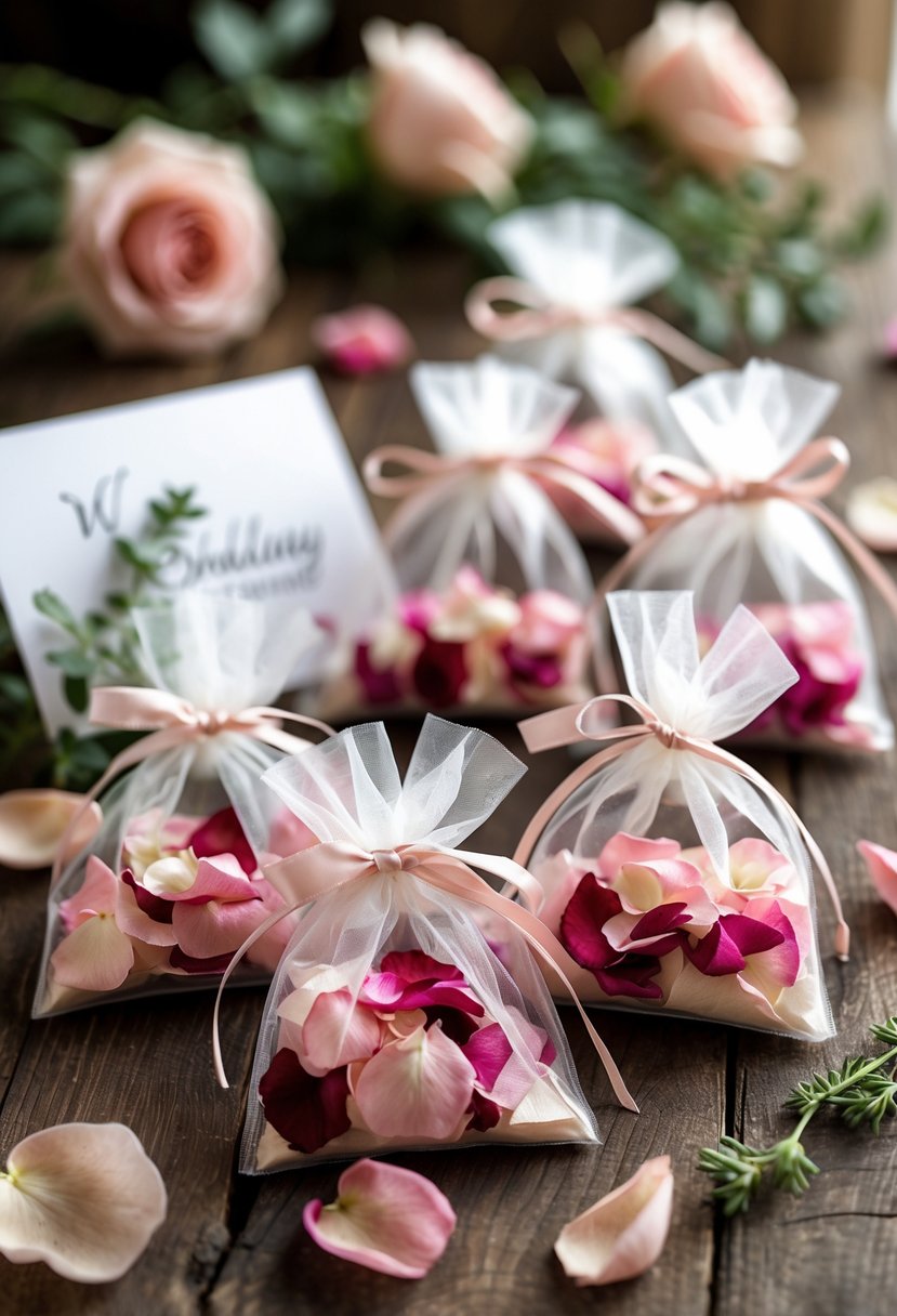 Several small clear packets filled with pink and red rose petal confetti tied with satin ribbons, arranged on a wooden surface with wedding welcome bag items and scattered petals.