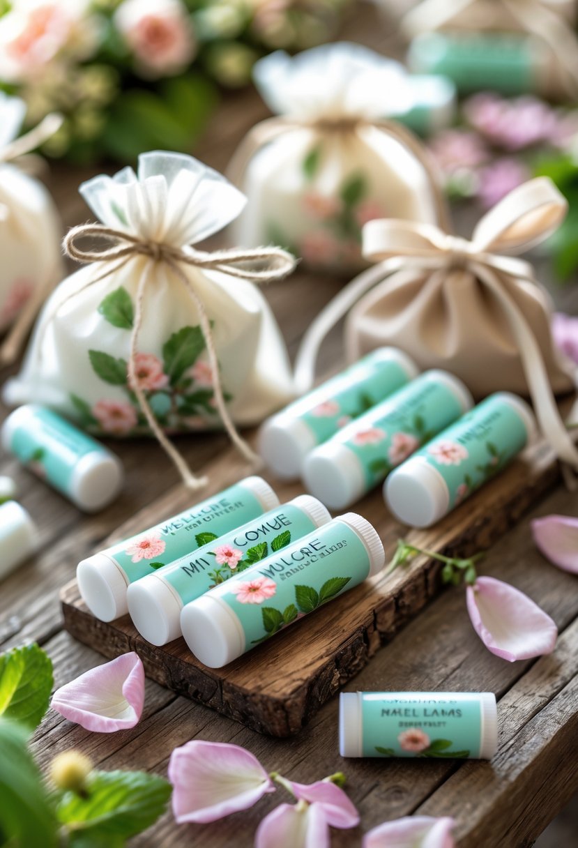 A wedding welcome bag arrangement with lip balms featuring floral and mint designs, surrounded by small favors and flower petals on a wooden table.