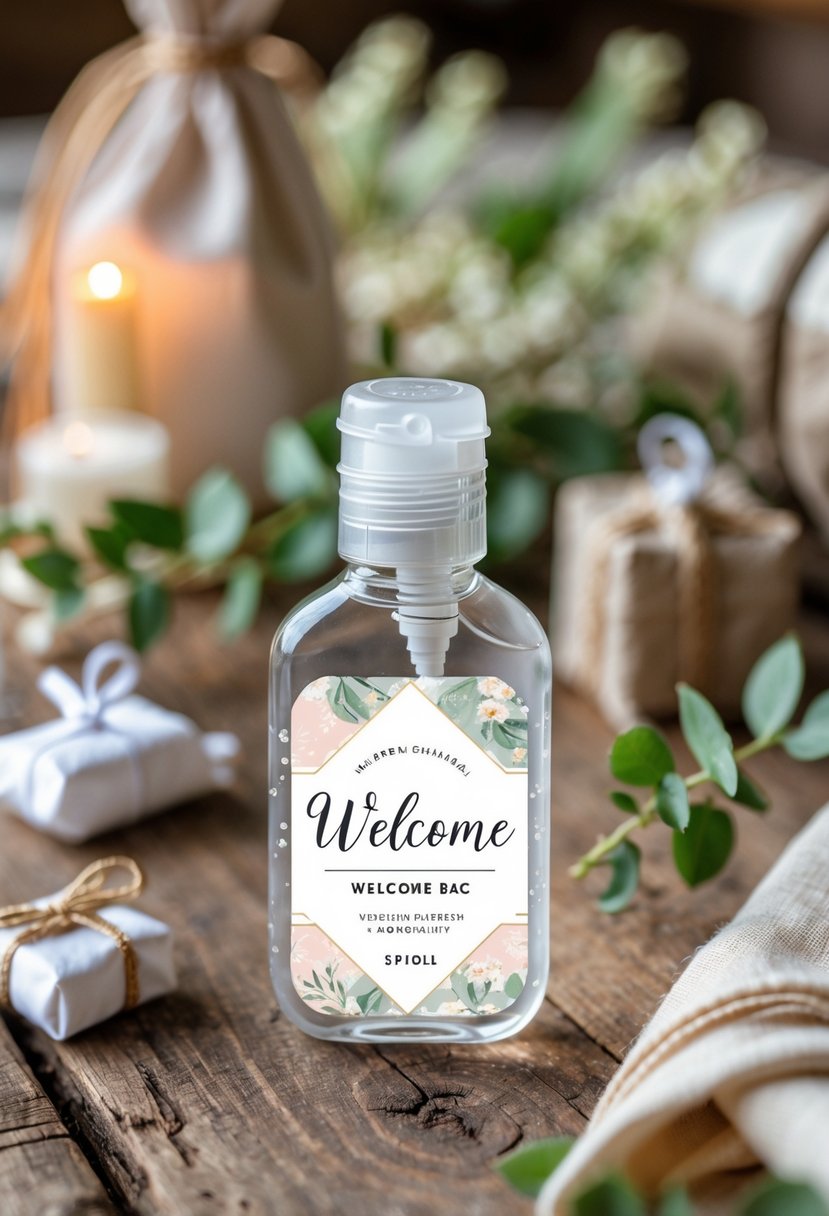 A small hand sanitizer bottle with a decorative label surrounded by wedding welcome bag items on a wooden surface.