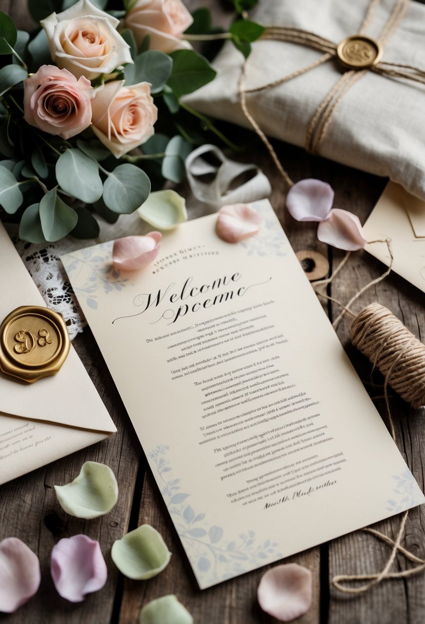 A wedding welcome bag setup with a romantic poem printout, flowers, and a linen tote bag on a wooden table.