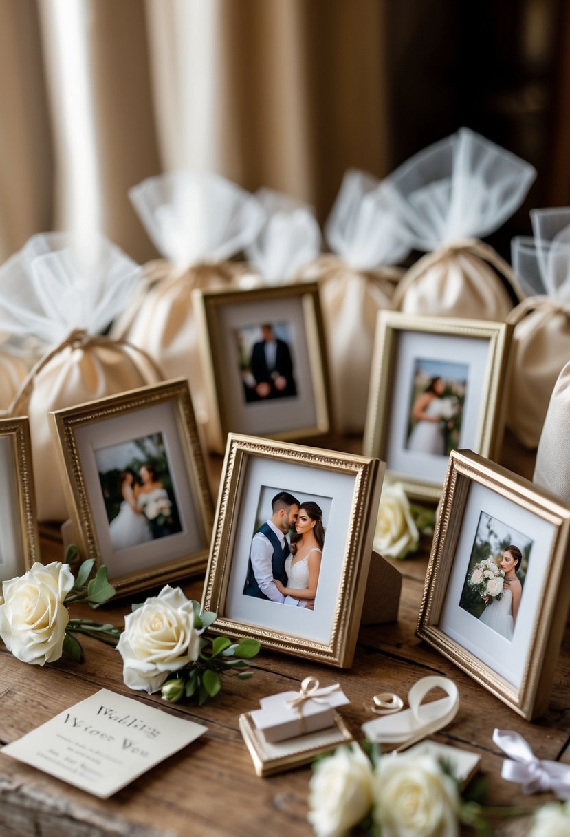 Mini photo frames with pictures of a couple surrounded by wedding welcome bag items on a wooden table.