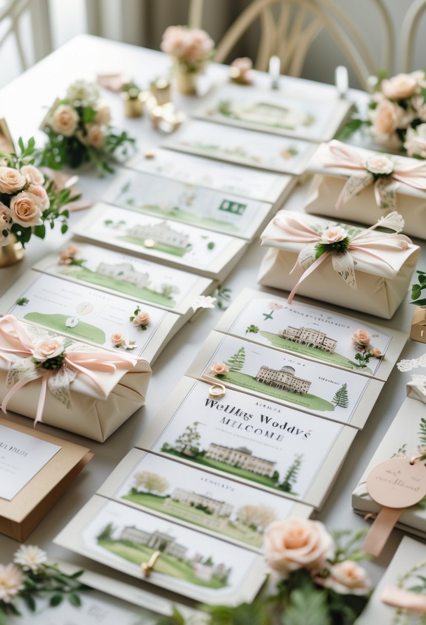 A table displaying custom illustrated maps of event locations alongside decorated wedding welcome bags with floral patterns and ribbons.