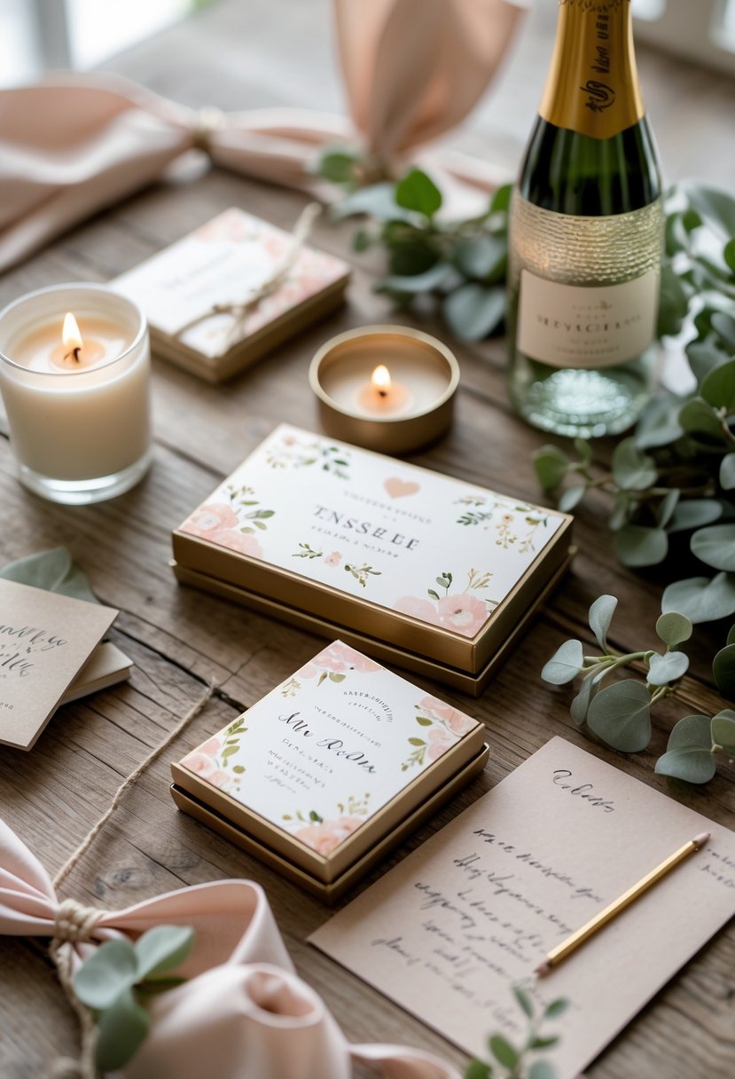 A wedding welcome bag display with personalized matchboxes, a small candle, a mini champagne bottle, a handwritten note, and greenery arranged on a wooden table.