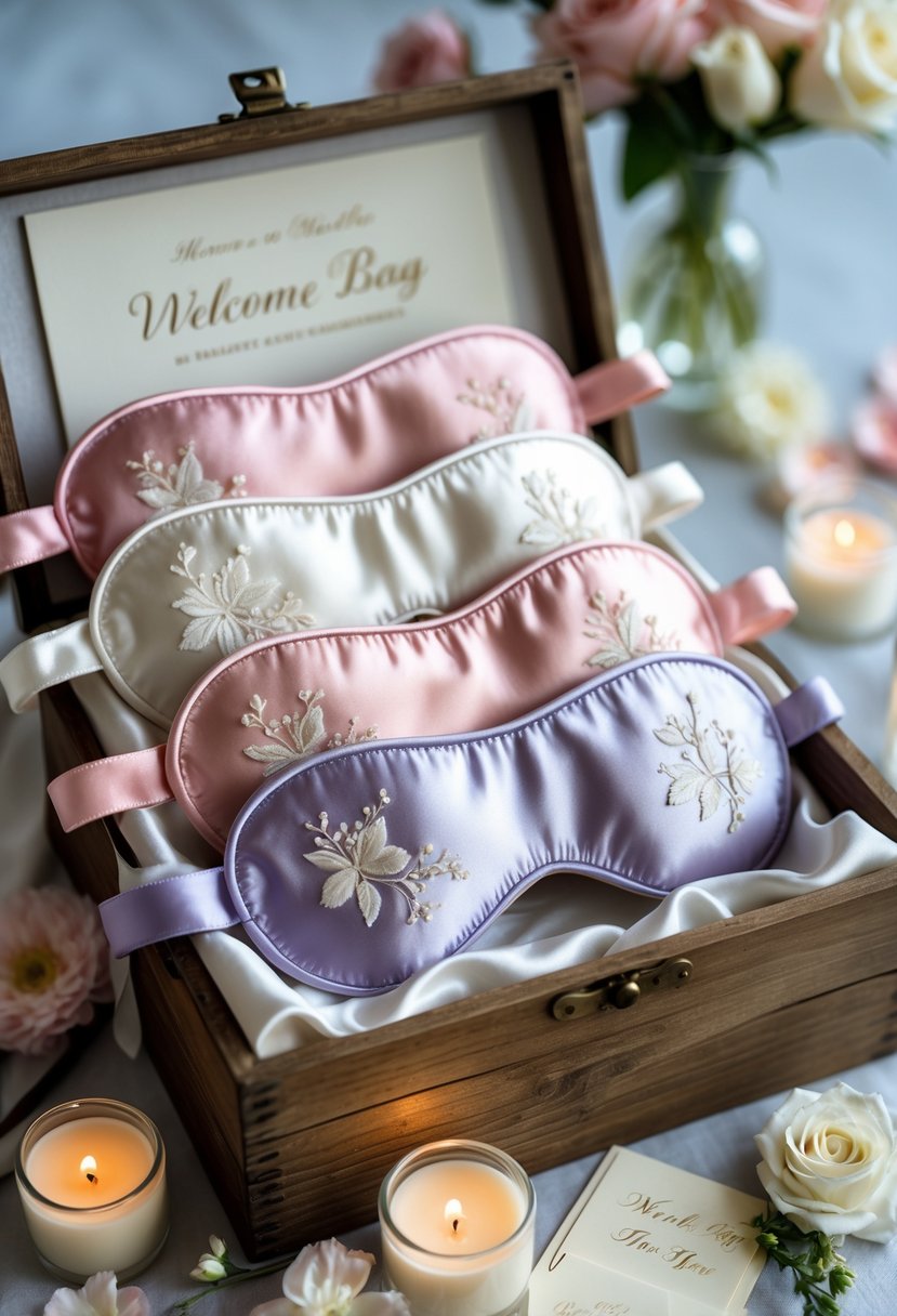 A wooden box filled with elegant silk eye masks surrounded by wedding welcome items like candles, flower petals, and thank you notes.