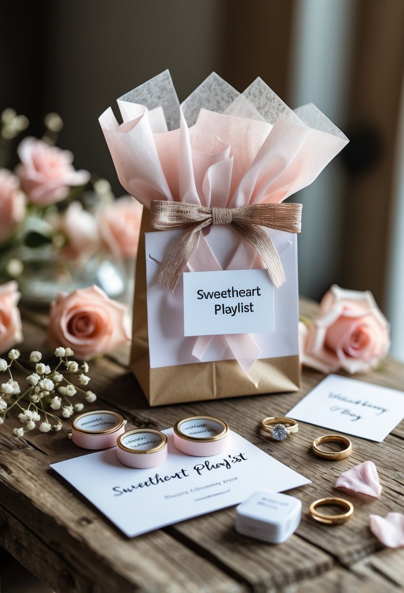 A wedding welcome bag on a wooden table containing USB drives and wedding-themed decorations like rose petals and flowers.