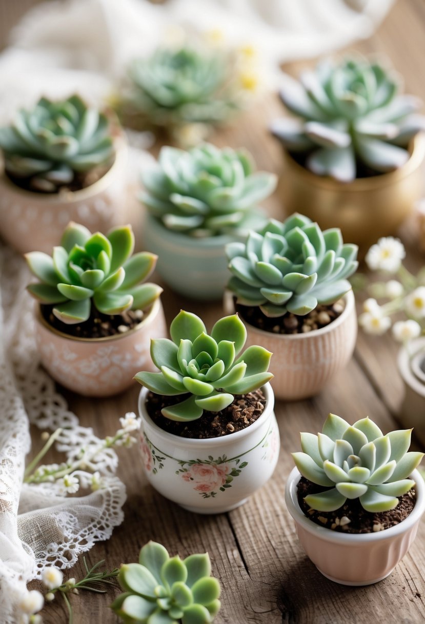 Mini succulent plants in decorative pots arranged on a wooden surface with small white flowers and lace fabric.