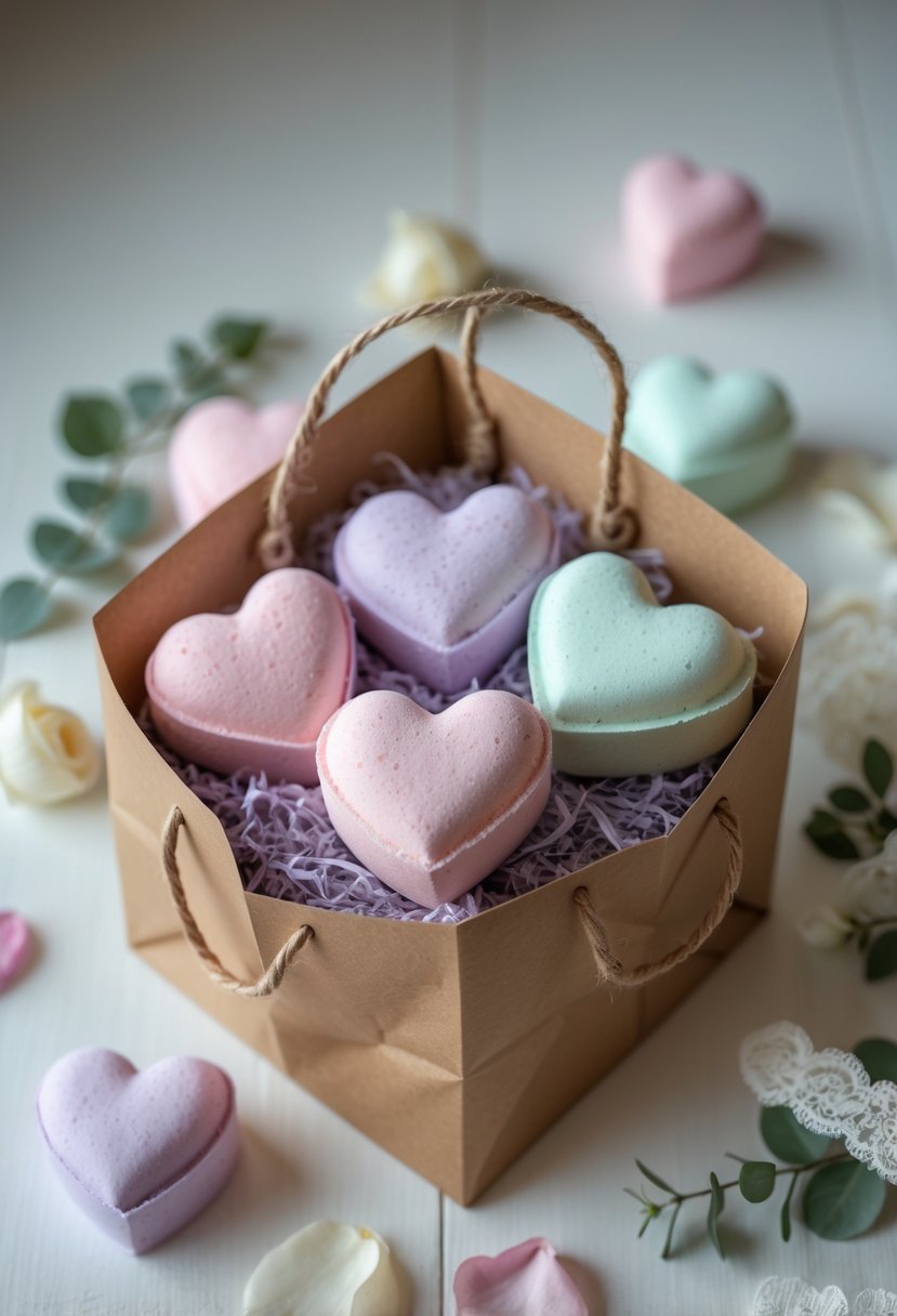Heart-shaped bath bombs arranged inside a wedding welcome bag surrounded by rose petals and eucalyptus on a wooden surface.