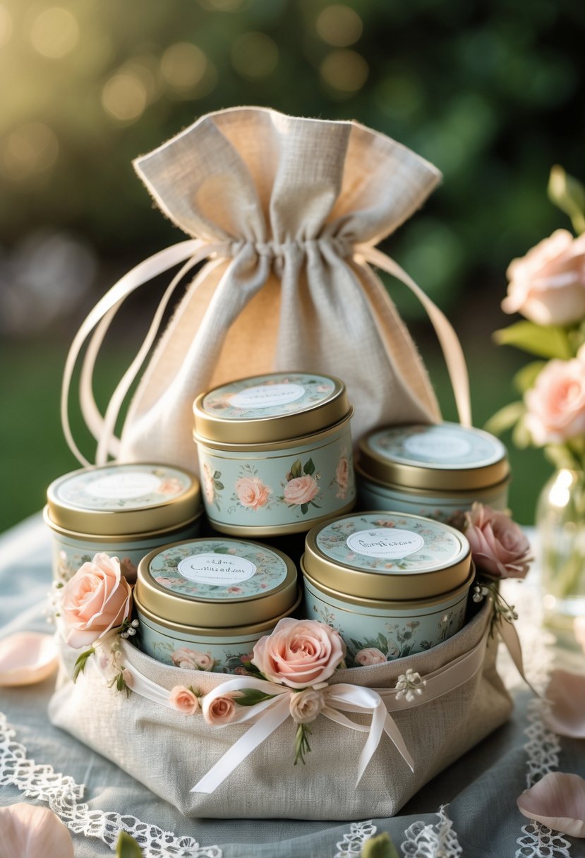 Decorative tins of custom tea blends arranged inside a romantic wedding welcome bag with floral accents and rose petals on a lace tablecloth.