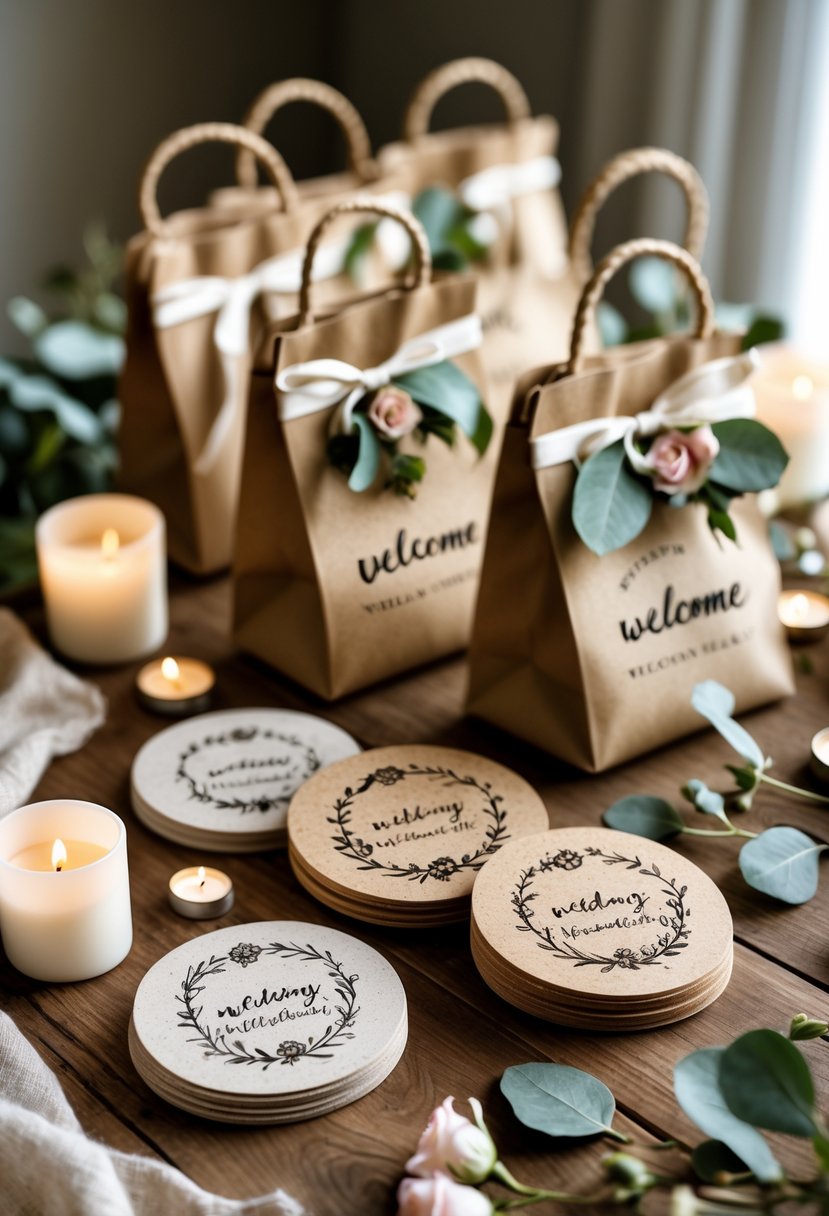 Hand-stamped coasters arranged with wedding welcome bags decorated with flowers and greenery on a wooden table.