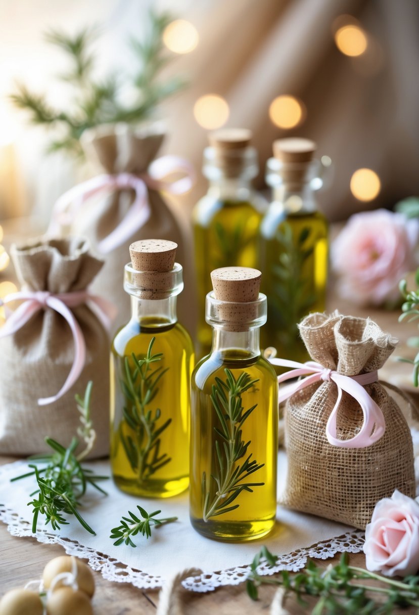 Mini bottles of artisanal olive oil arranged with rustic wedding welcome bags, decorated with herbs and flowers.