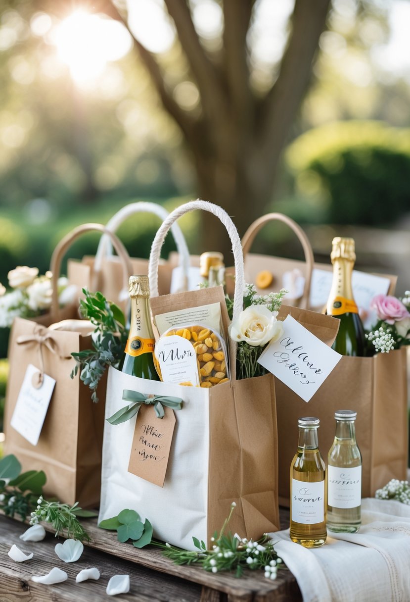 A table outdoors with decorated wedding welcome bags filled with snacks, drinks, and small gifts surrounded by flowers and greenery.