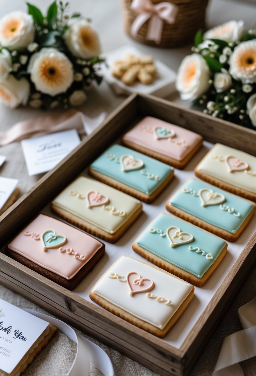 A wooden box filled with custom decorated cookies featuring a couple's initials, surrounded by wedding welcome bag items and small flower bouquets.