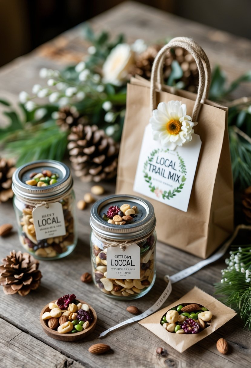 A wedding welcome bag with jars of trail mix and natural decorative elements on a wooden table.