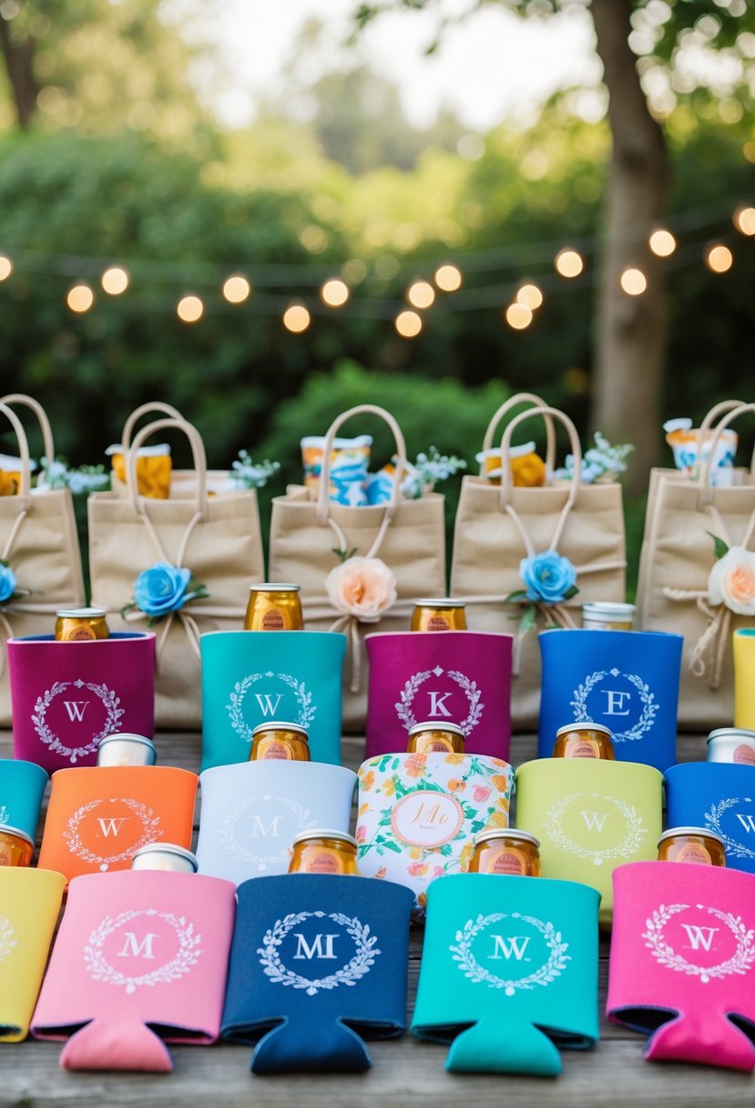 Outdoor wedding welcome table with personalized koozies and welcome bags filled with wedding favors and flowers.