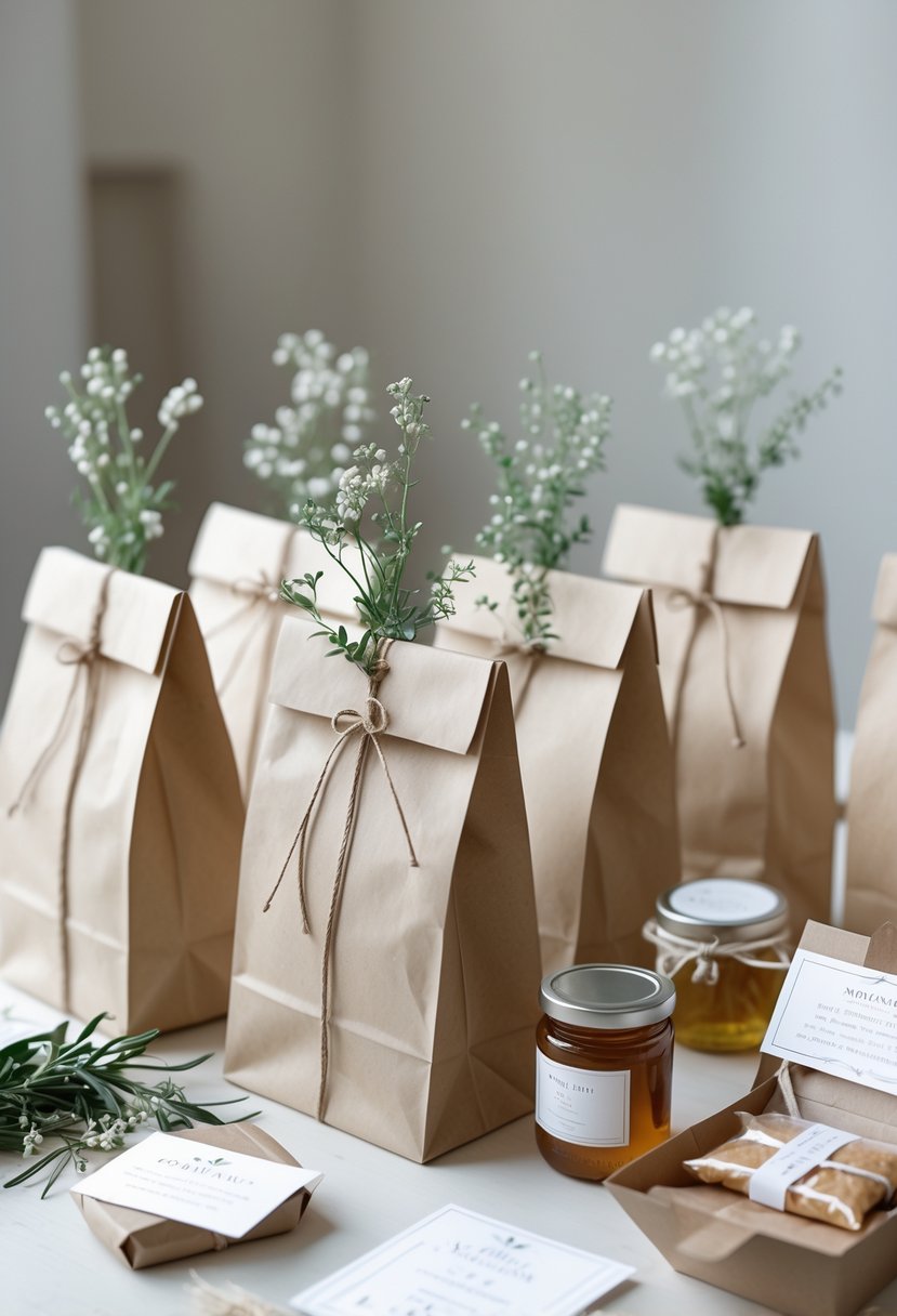 A table with neatly arranged minimalist wedding welcome bags and small gift items including greenery, snacks, and bottles.