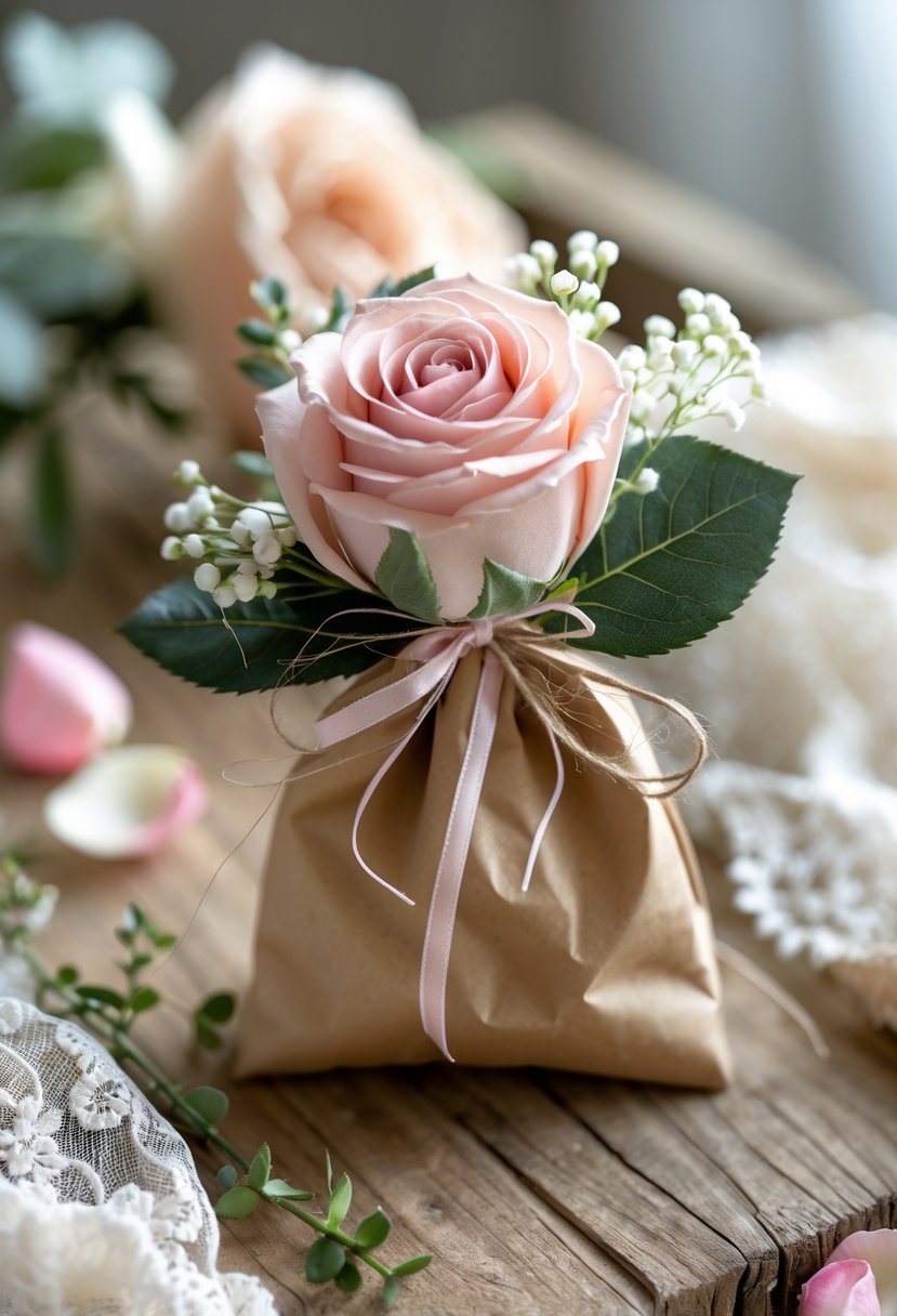 A silk rose boutonniere resting on a wedding welcome bag with rose petals and greenery nearby.
