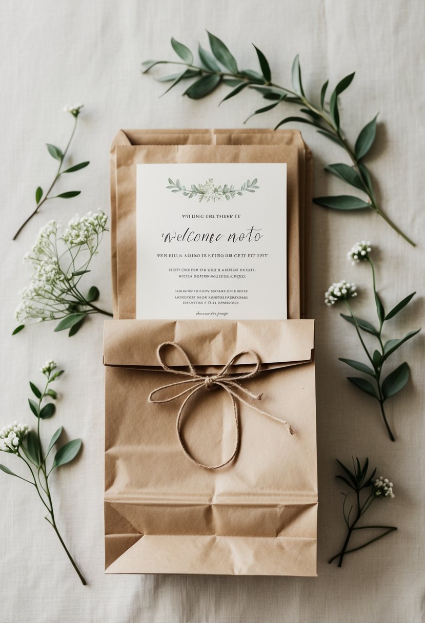 A kraft paper wedding welcome bag with a personalized note card, decorated with greenery and small white flowers on a light surface.
