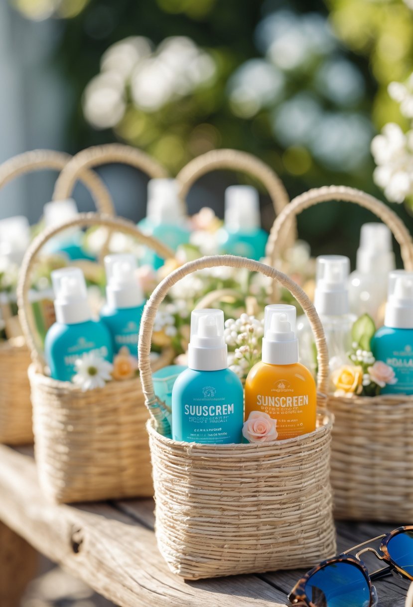 Mini sunscreen sprays and small wedding favors arranged in woven welcome bags on a wooden table with flowers and greenery in the background.