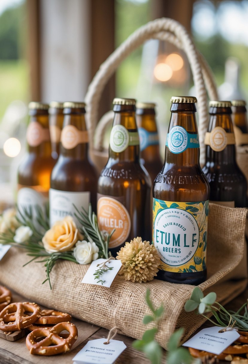 A rustic wooden table with wedding welcome bags containing local craft beer bottles, dried flowers, and artisanal snacks arranged neatly with soft natural lighting.