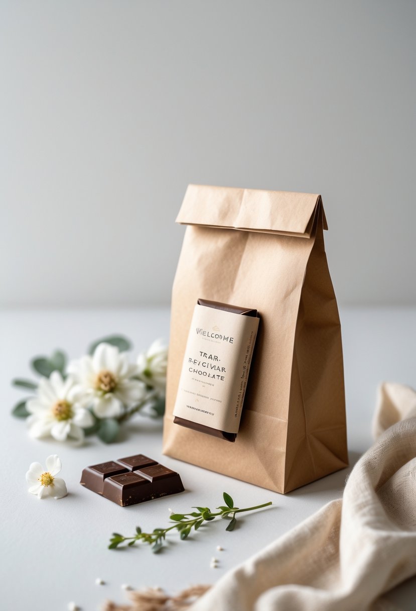 A minimalist wedding welcome bag with a local artisan chocolate bar and white flowers on a neutral background.