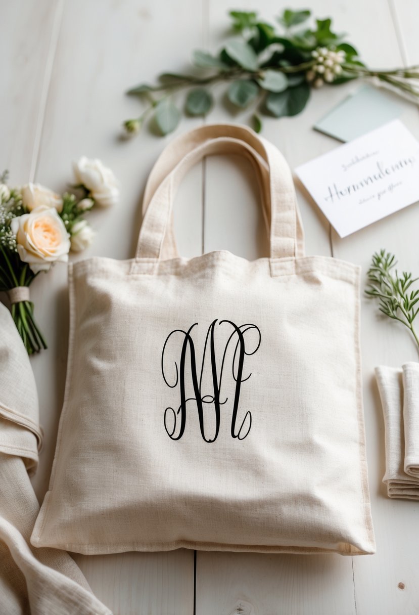 A monogrammed reusable tote bag on a wooden surface surrounded by wedding welcome items including flowers, a note card, and greenery.