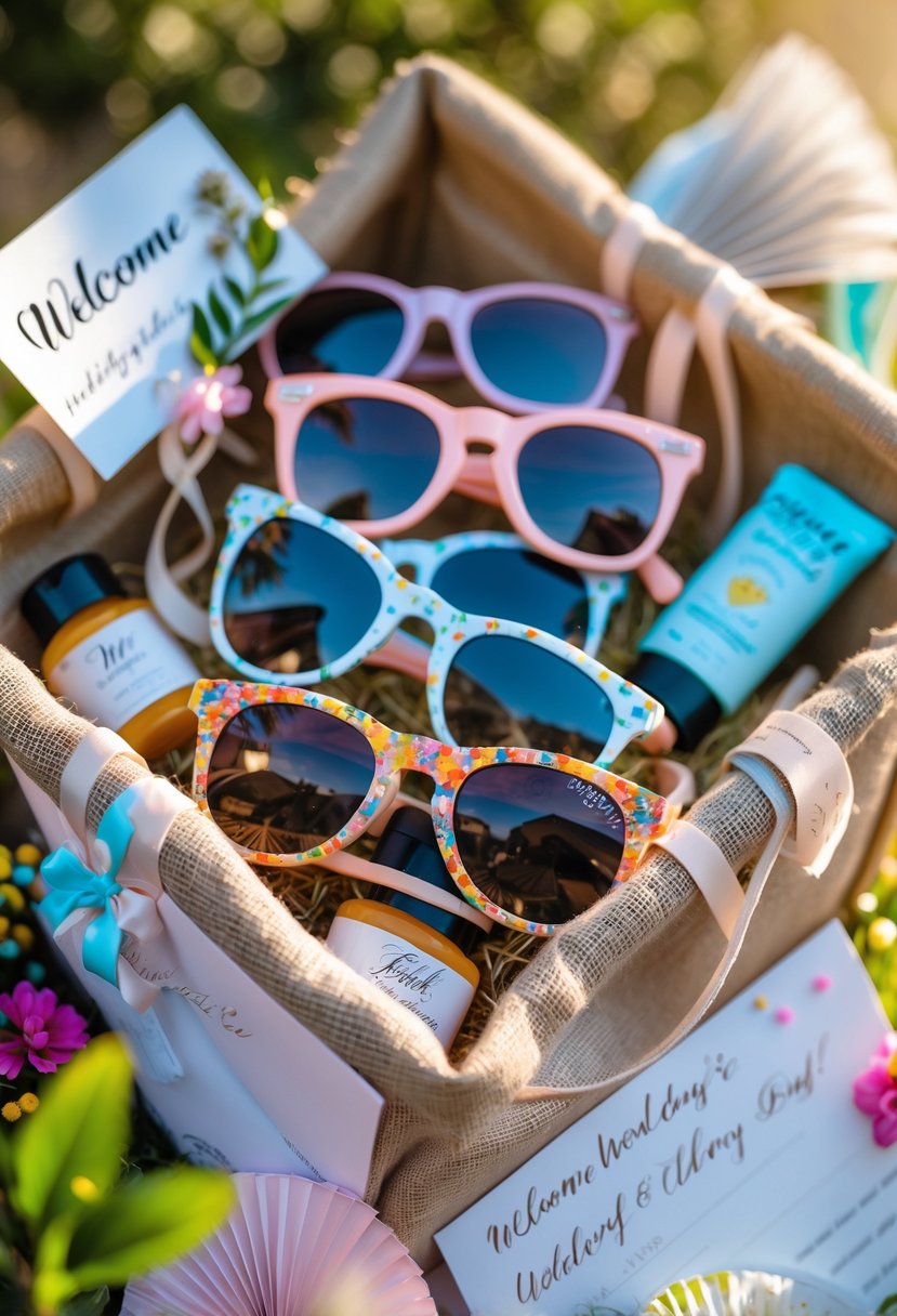 An open rustic welcome bag filled with festival-style sunglasses and small wedding-themed items arranged on a table.