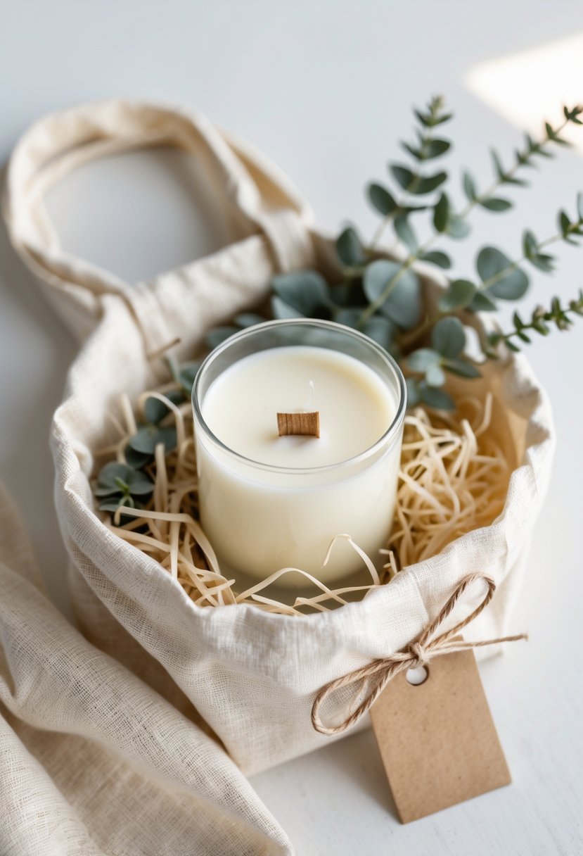 A hand-poured soy candle inside a minimalist wedding welcome bag with dried eucalyptus on a light background.
