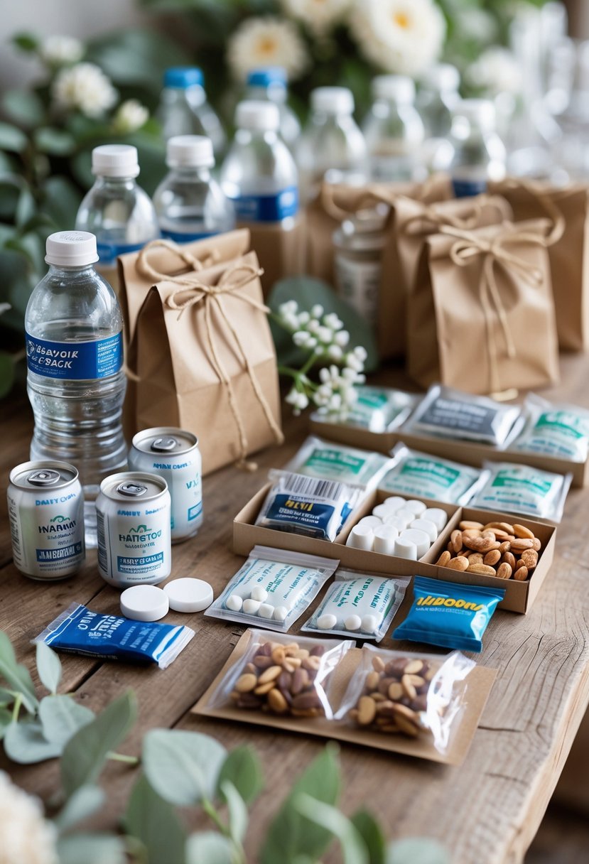 A neatly arranged collection of DIY hangover kits with water bottles, snacks, and supplements on a wooden table decorated with small flowers.