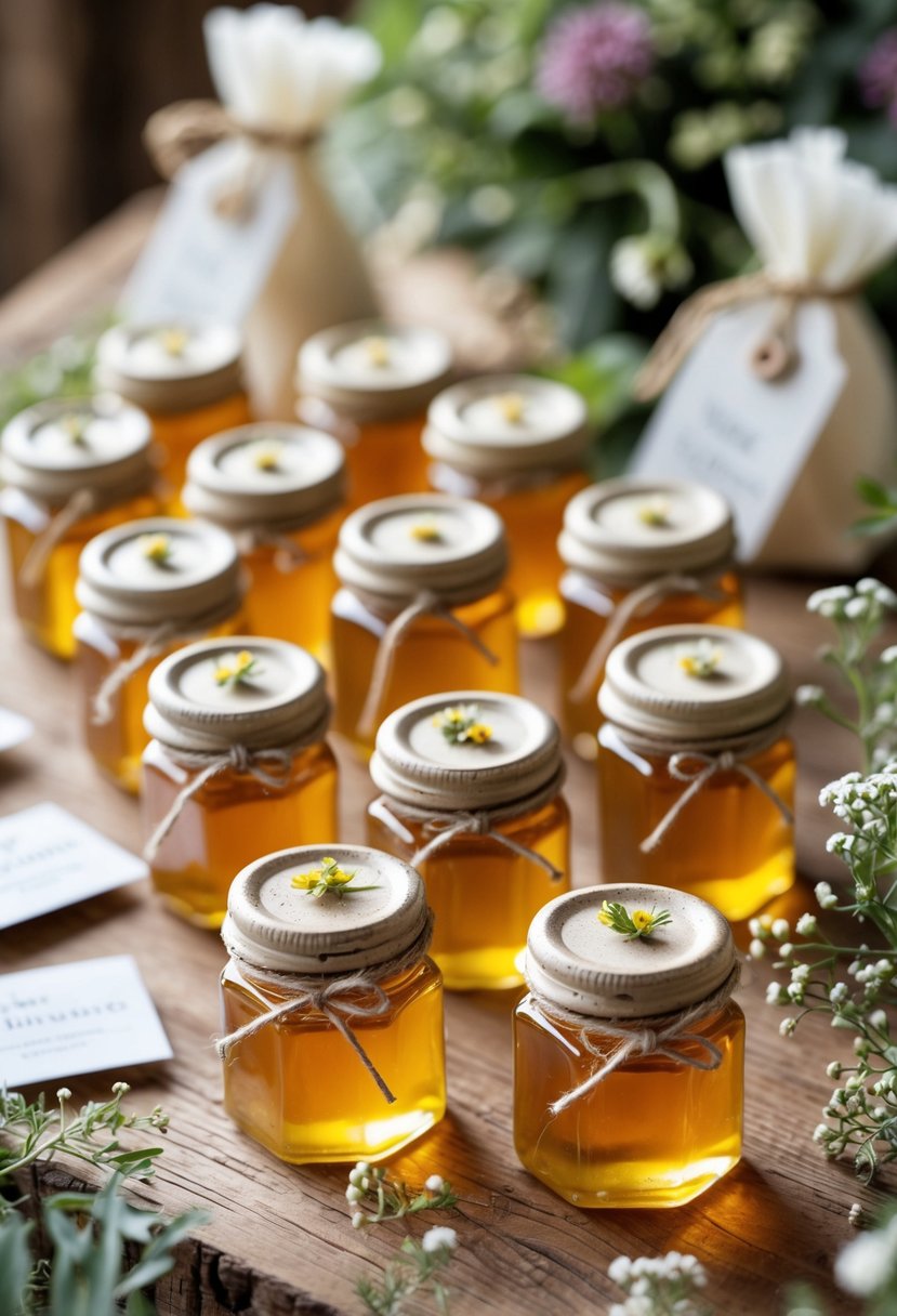 Mini jars of honey arranged on a wooden table with flowers and wedding decorations in the background.