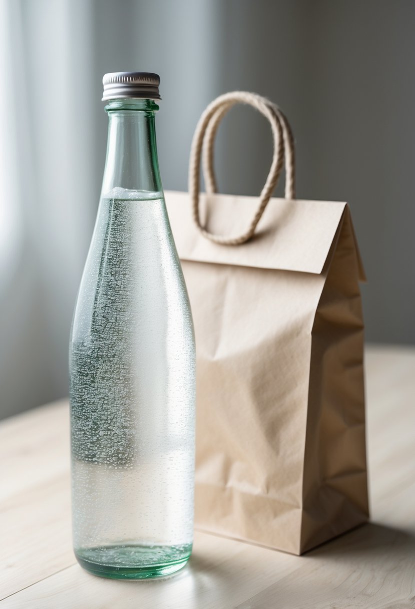 A clear glass bottle of sparkling water inside a simple kraft paper wedding welcome bag on a wooden surface.