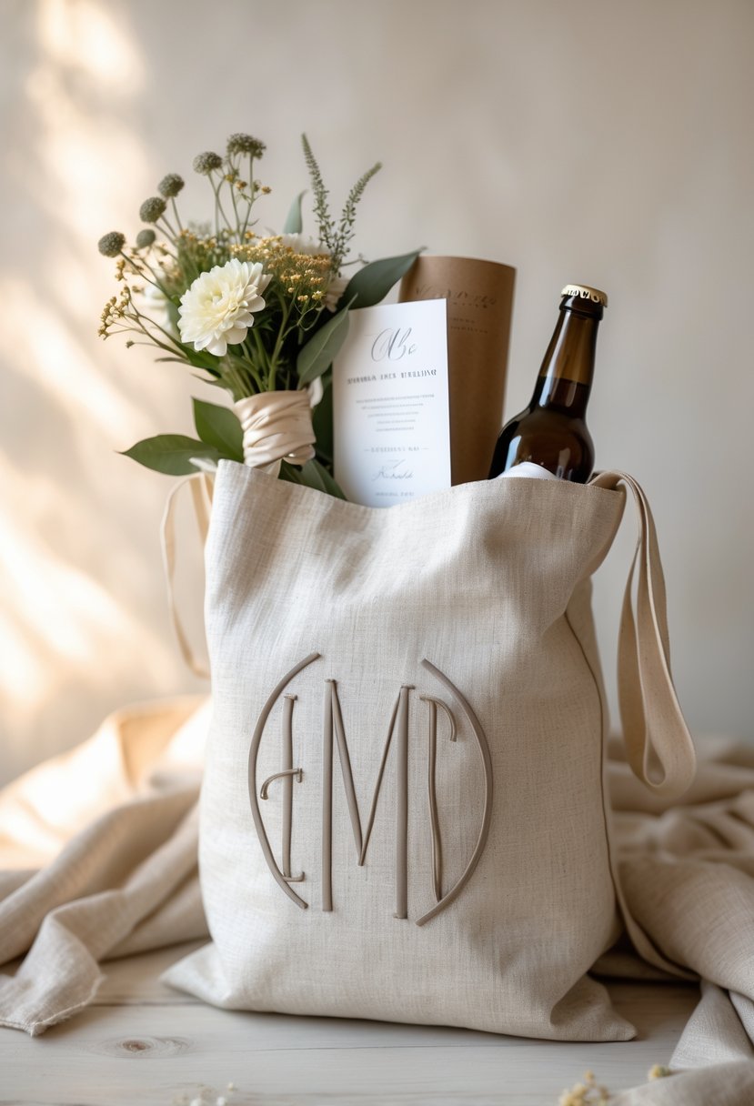 A custom linen bag with a couple’s initials, filled with wedding welcome items, placed on a wooden surface.