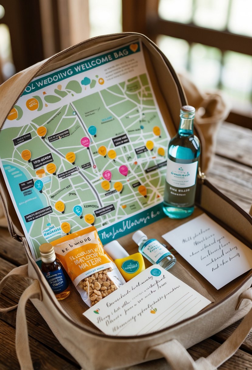 A wedding welcome bag on a wooden table containing a personalized map of local hotspots and various small gift items.