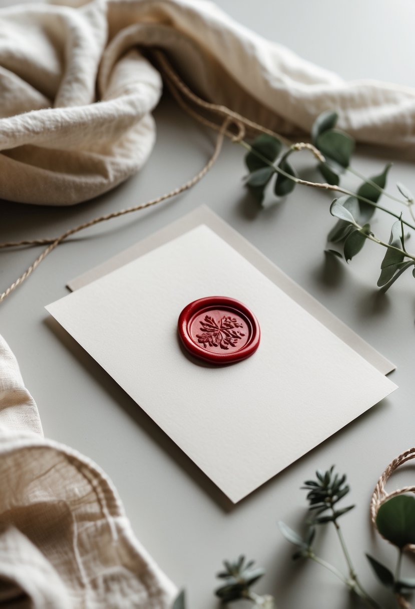 A thank you card with a single red wax seal on a neutral surface, surrounded by dried eucalyptus and linen fabric.