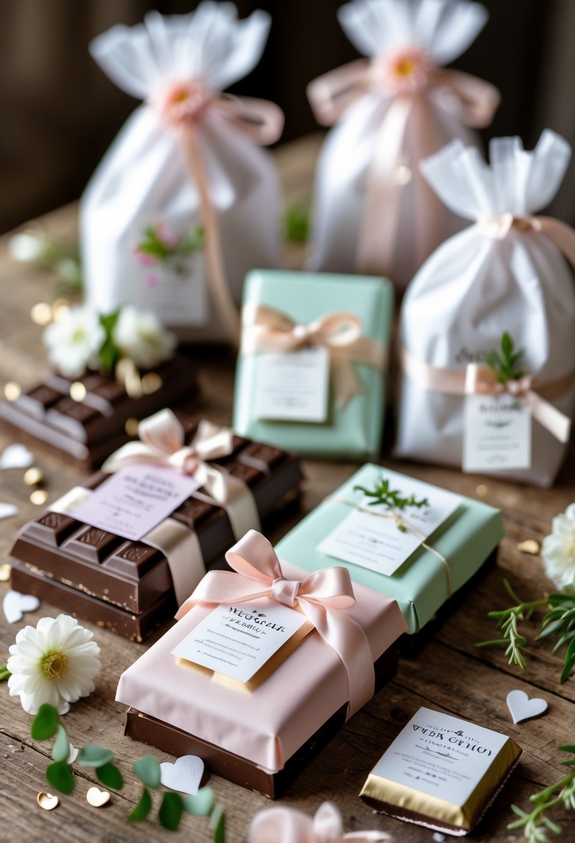 An arrangement of gourmet chocolate bars with decorative ribbons and flowers on a wooden table, surrounded by wedding welcome bags and small festive decorations.