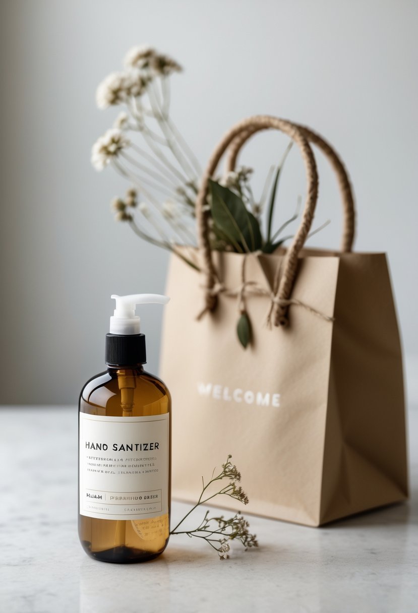 Travel-sized hand sanitizer with natural ingredients inside a minimalist wedding welcome bag decorated with dried flowers and greenery.
