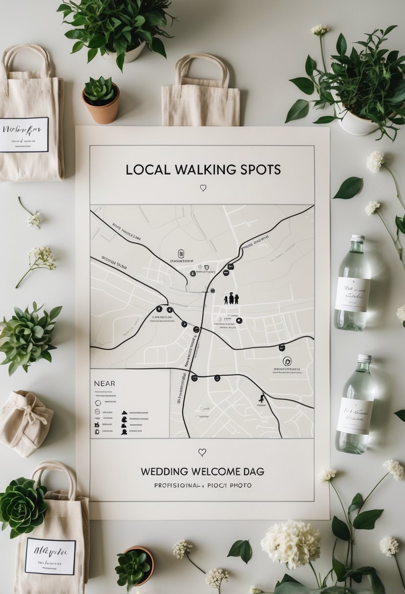 A minimalist map showing local walking spots surrounded by wedding welcome bag items such as potted plants, linen bags, water bottles, and flowers arranged on a light surface.