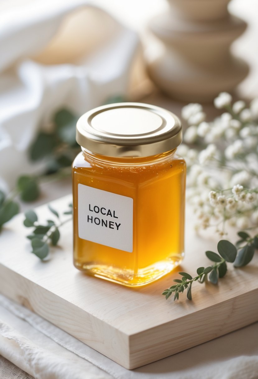 Small glass jar of golden honey on a wooden surface surrounded by white flowers and greenery.