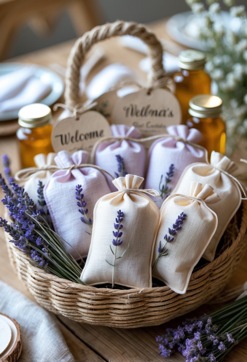 A basket filled with lavender sachets and wedding welcome bag items on a wooden table.