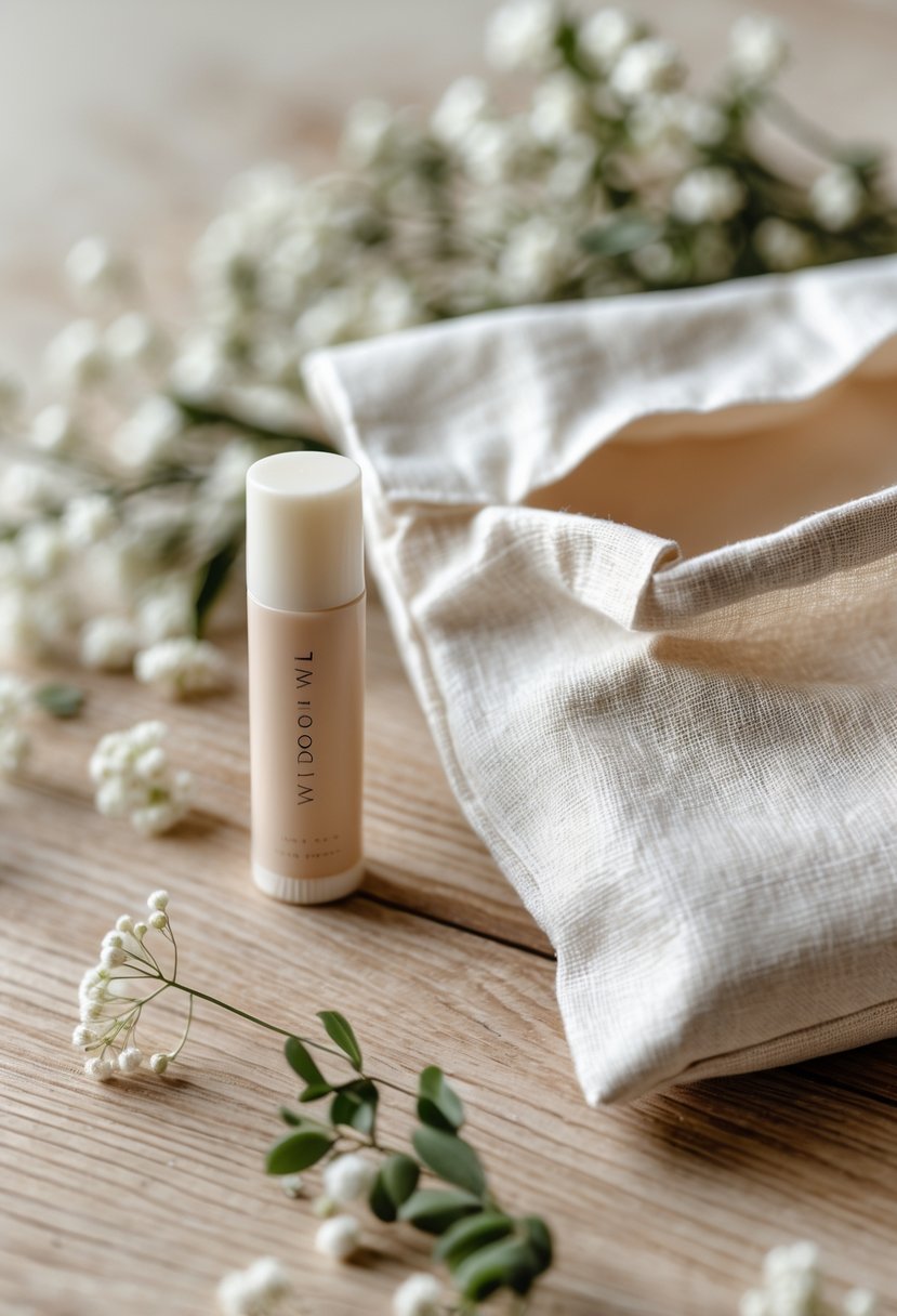 A neutral-toned lip balm next to a natural fabric welcome bag with tissue paper and small white flowers on a wooden table.