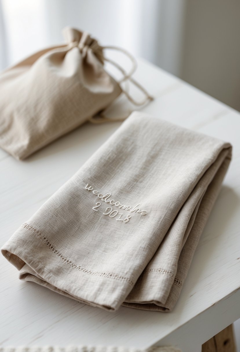 A neutral linen napkin with wedding date embroidery next to a simple wedding welcome bag on a wooden surface.