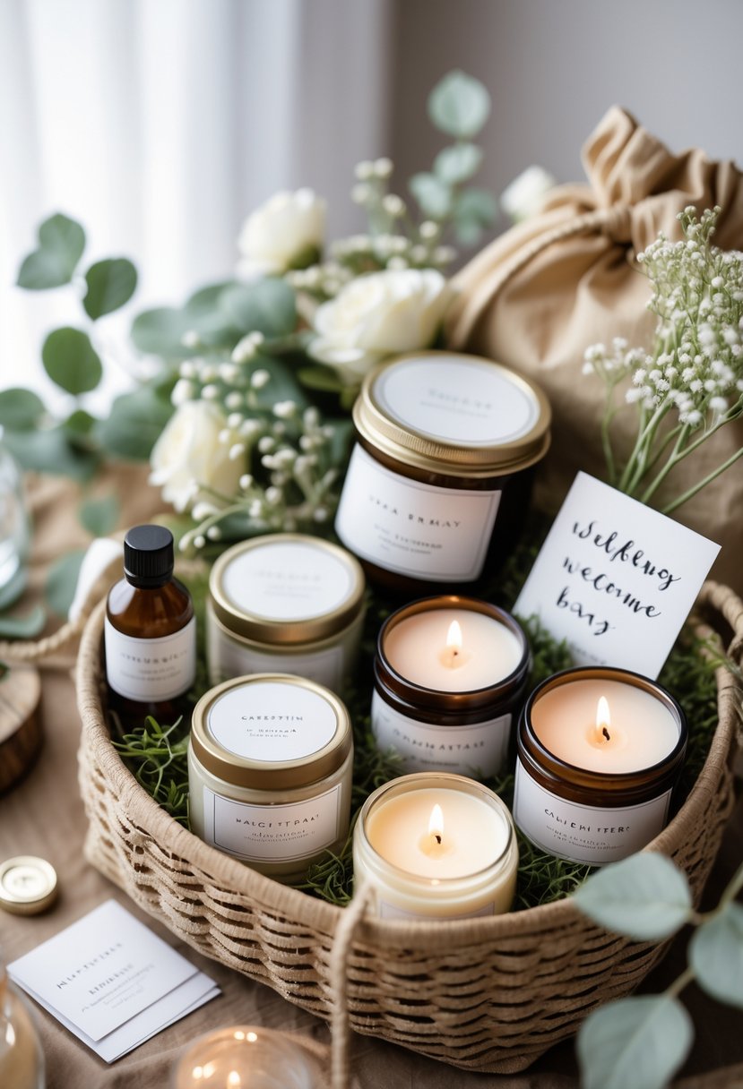 A basket filled with small scented travel candles and wedding welcome bag items, decorated with flowers and greenery.