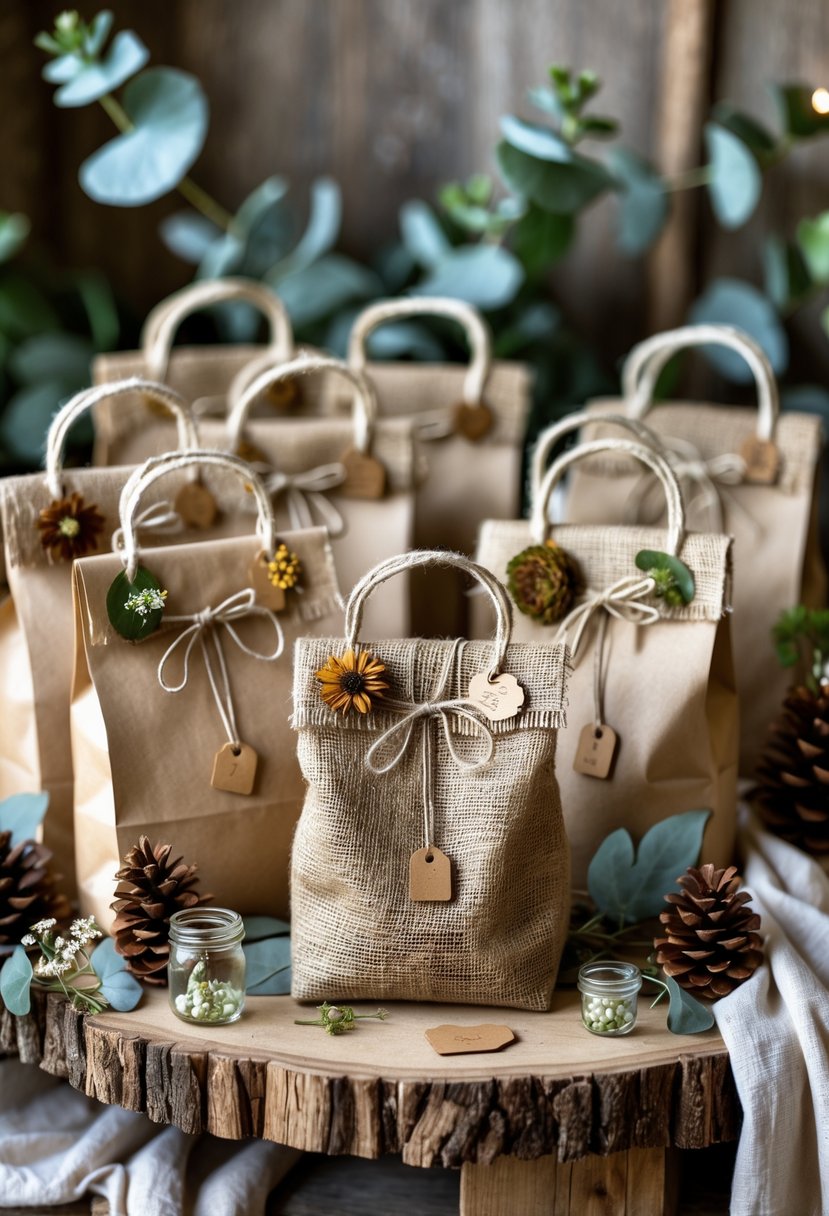 A wooden table displaying rustic welcome bags decorated with dried flowers and twine, surrounded by greenery and small jars with wildflowers.
