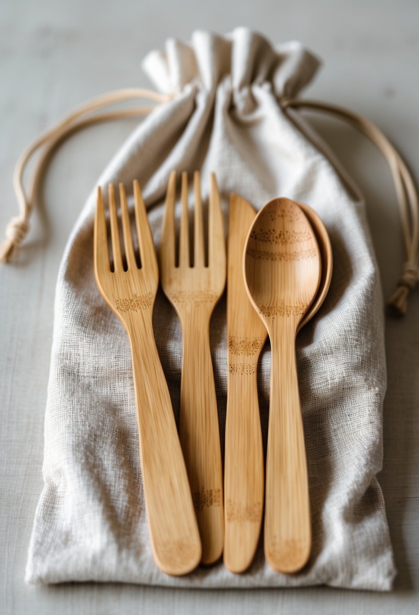 A reusable bamboo cutlery set inside a simple fabric bag on a neutral background.