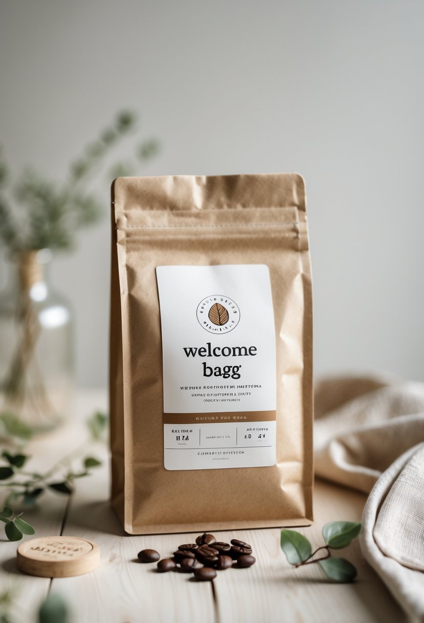 A packet of locally roasted coffee beans inside a minimalist welcome bag with wedding-themed accents on a wooden surface.