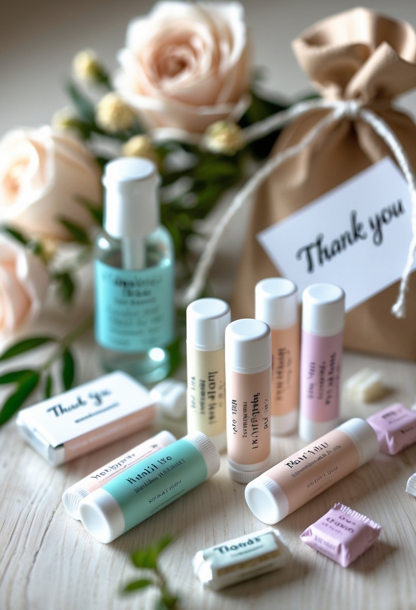 A wedding welcome bag setup with branded lip balms, a thank you card, hand sanitizer, flowers, and mints arranged on a wooden surface.